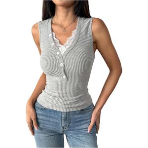 SOLY HUX Women's Lace Trim Tank Top V Neck Sleeveless Button Ribbed Knit Casual Summer Tops (M)