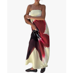 Women Y2k Strapless Maxi Dress Floral Print Tube Long Dress Boho Beach Sundress Going Out Streetwear, Large, White 