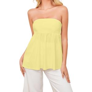 Ythomm Womens’s Ruffle Hem Bandeau Tube Tops Casual Sleeveless Strapless Peplum Flowy Blouse Shirts Summer Going Out Tanks (Yellow, L)