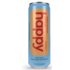 happy coffee salted caramel cold brew, 11 oz. cans, 12 pack, notes of brown sugar & brilliance, 100% arabica beans, no artificial flavors or artificial sweeteners