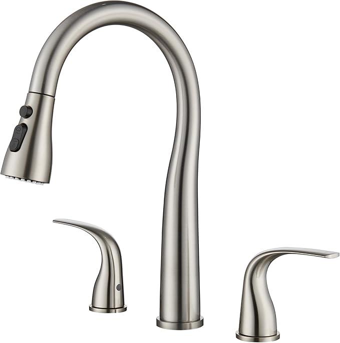 TIORIY 3 Hole Kitchen Faucet with Pull Down Sprayer, Brushed Nickel, Double Handle High Arc Faucet for Kitchen Sink with 3 Mode Spray, Stainless Steel, T3005BN