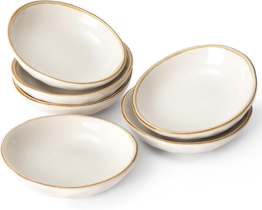 famiware Ocean Soy Sauce Dishes of 6, Oval Dipping Sauce Cups/Bowls/Dishes for Kitchen, 2.1oz Ceramic Small Bowls for Side Dishes, Appetizers, Snacks, and Sushi, Dishwasher Safe, Vanilla White