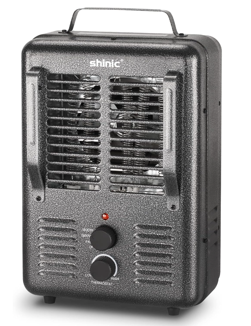 Shinic Space Heater,1500W Milkhouse Heater with Thermostat, Stay Cool Durable Metal Housing, Overheat protection, 3-Prong Plug, Tip-Over Auto Shut Off, Utility Heater for Garage, Bedroom, Greenhouse