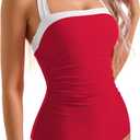 SUUKSESS Women Sexy Tummy Control One Piece Swimsuit Halter Retro Bathing Suit (68 Red White) XL
