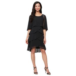 S.L. Fashions Women's Tiered Chiffon Cocktail Party Dress with Attached Cape & Beaded Shoulders (Petite and Regular Sizes), Black, 12P