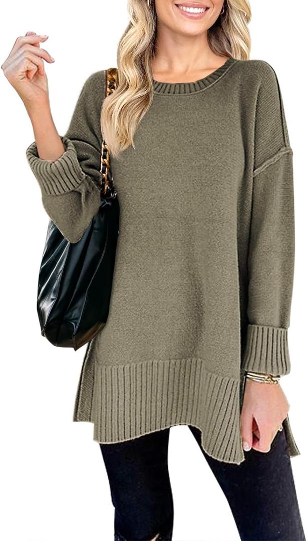 MEROKEETY Women's 2025 Fall Winter Oversized Pullover Sweater Casual Loose Crew Neck Long Sleeve Side Split Jumper Tops (Medium, Green)
