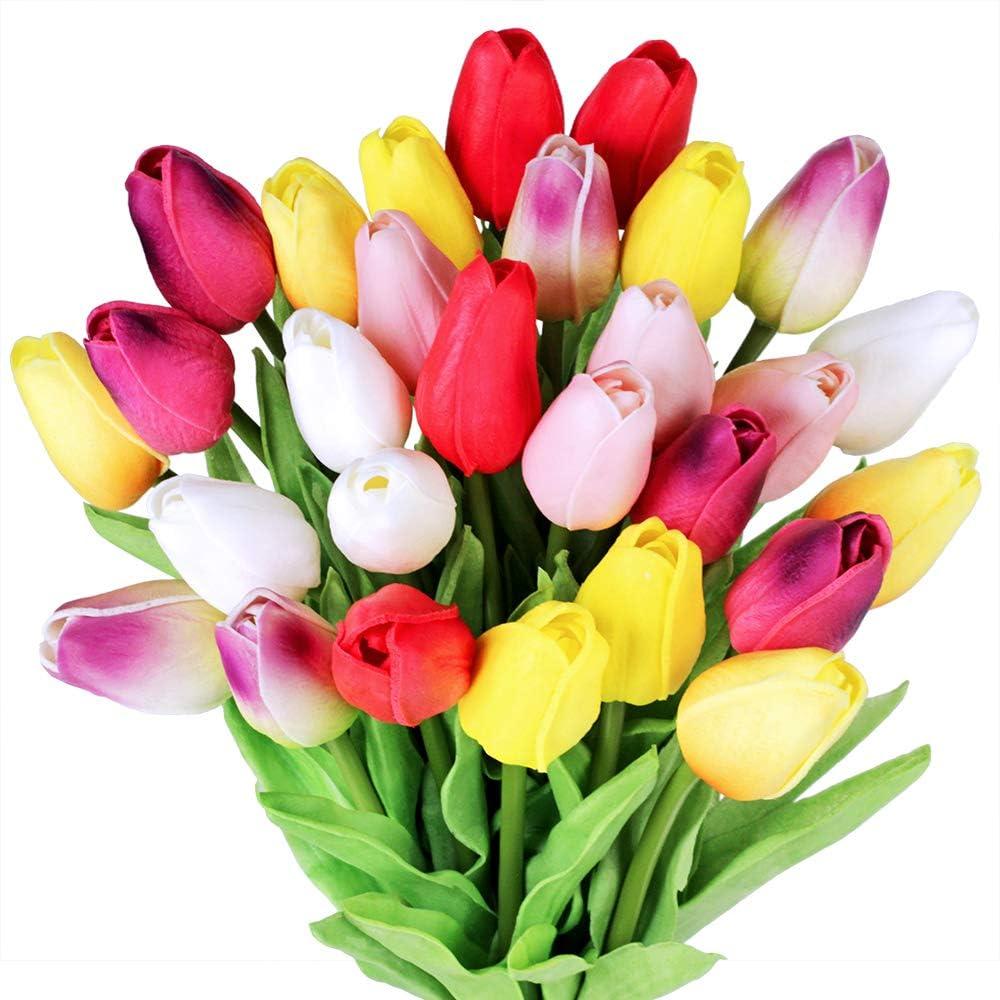 Winlyn 28 Pcs Multicolor Tulips Artificial Flowers Faux Tulip Stems Real Feel PU Tulips Easter Spring Wedding Bouquet Centerpiece Floral Arrangement Cemetery Table Dcor 14" Tall