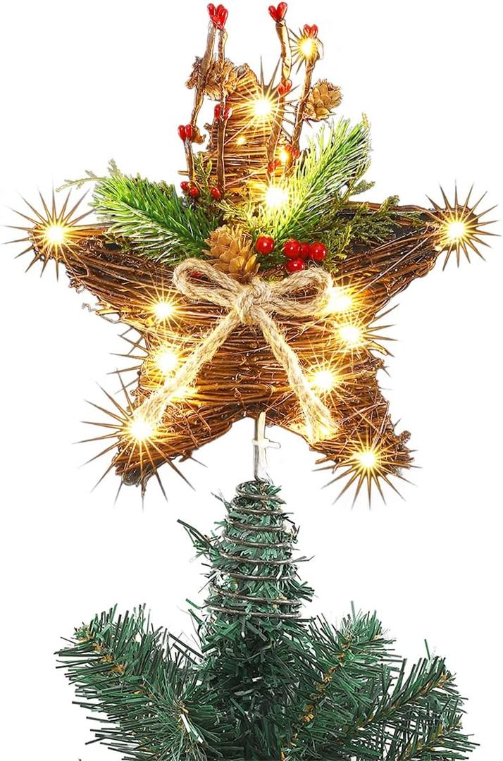 9-Inch Rattan Natural Star Christmas Tree Topper,Rustic Farmhouse Xmas Treetop for Indoor Christmas Tree Decorations Holiday Seasonal Decor