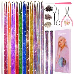 Hersun Hair Tinsel Kit 12 Colors 3800 Strands 48in With Tools Heat Resistant Glitter Tinsel Christmas Hair Accessories Sharking Hair Extensions For Girls & Women