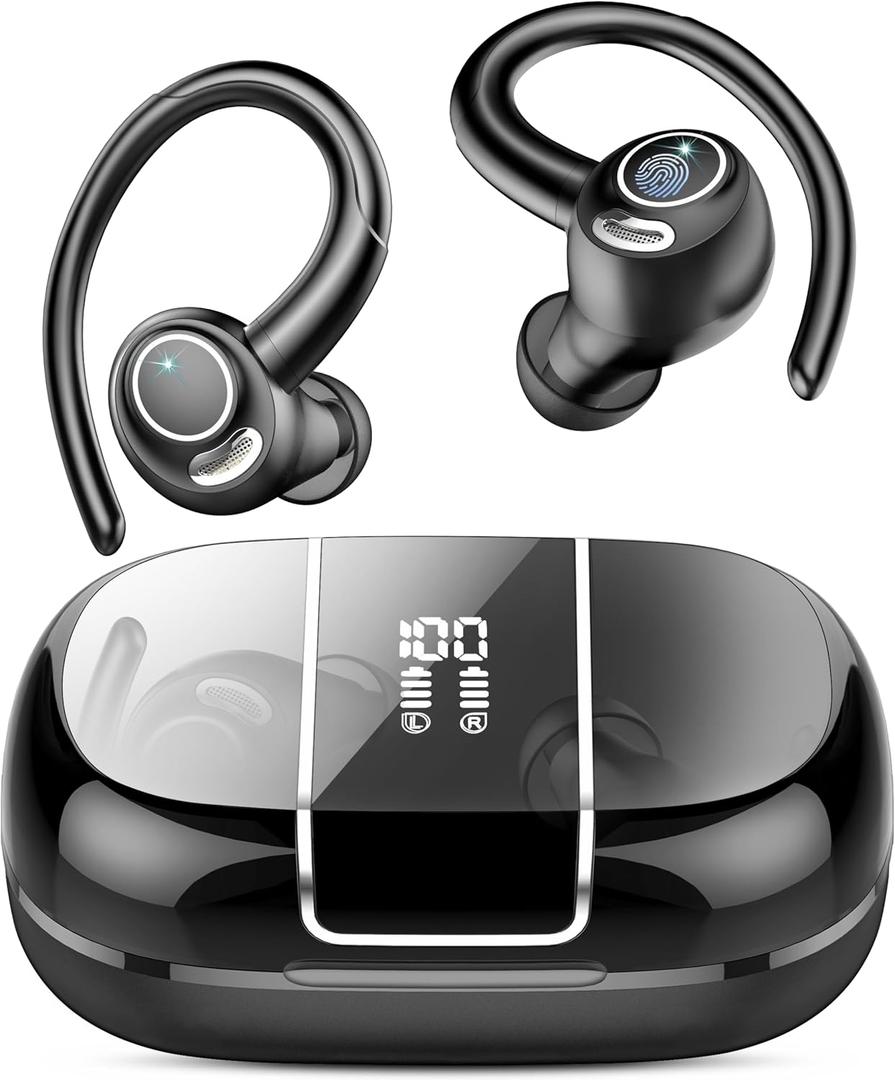Wireless Earbuds Bluetooth 5.3 Headphones Sports, 48Hrs Playback Over Ear Buds with CVC8.0 Mic, Bass Stereo Bluetooth Earbuds with Earhooks, LED Display, IP7 Waterproof Earphones for Workout/Running (Black)