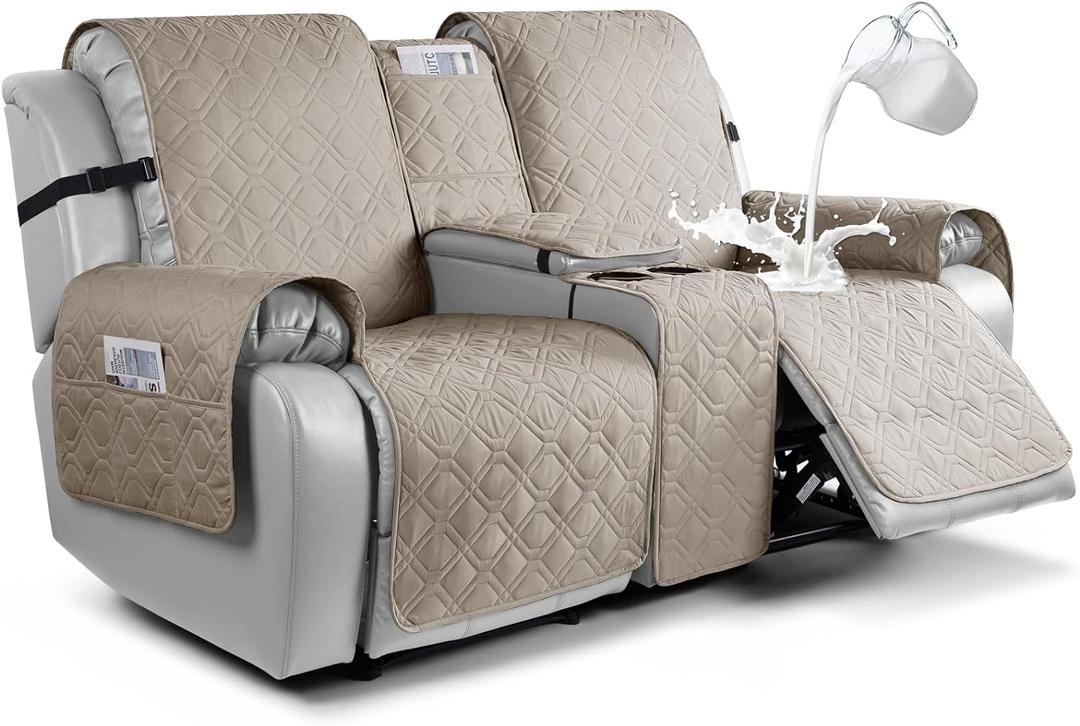 VANSOFY Loveseat Recliner Cover with Console 100% Waterproof Sofa Slipcovers Non-Slip Reclining Couch Cover Split Sofa Covers Furniture Protector for Pets, DogsKhaki (2 Seater+Console)