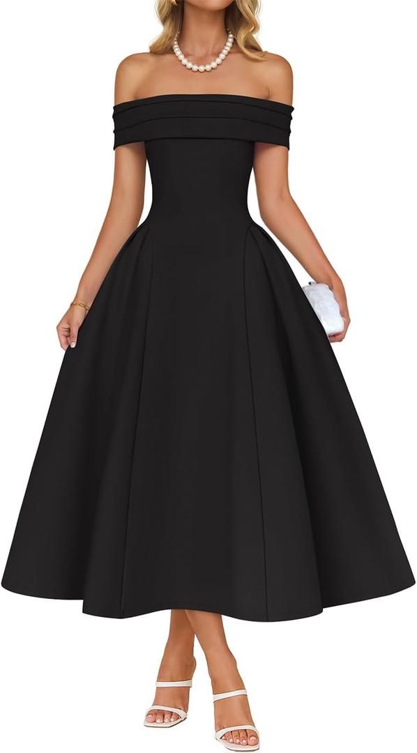 ZESICA Summer 2026 Cocktail Dresses for Women's Off Shoulder Short Sleeve Swing A Line Wedding Evening Party Midi Dress, Black, X-Large
