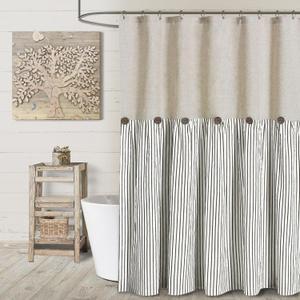 Awellife Farmhouse Black Shower Curtain Button Linen Textured Woven Fabric,Pleated Black Stripe,Country Style,72x72 Inch