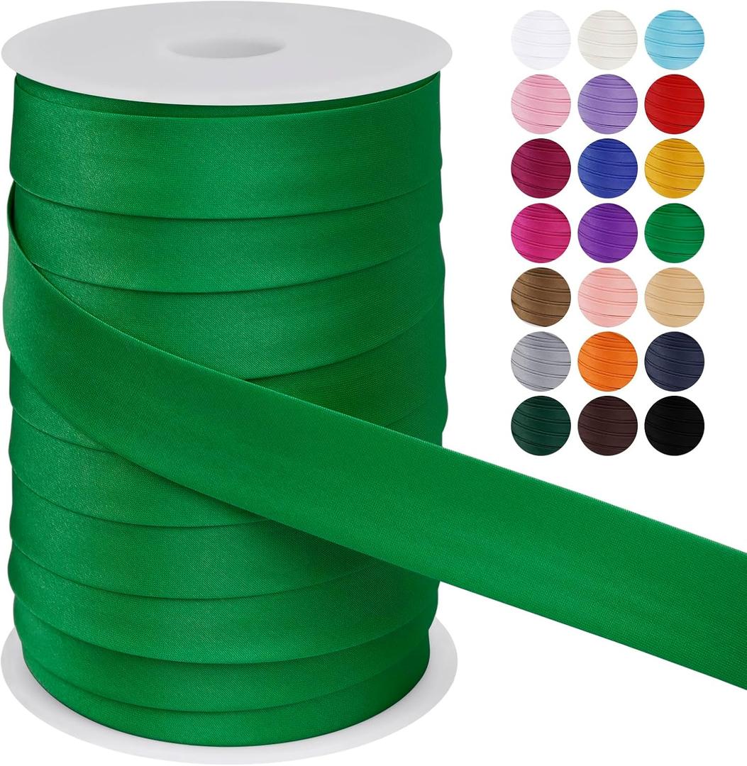 LEREATI Satin Bias Tape Double Fold 1 Inch x 55 Yards, Bias Tape for Sewing, Polyester Quilt Binding Tape, Piping Trim Fabric Tape for Hemming, Seaming, DIY Crafts (Green)