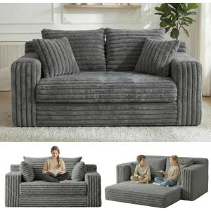 3-in-1 Convertible Sofa Bed: Boneless Loveseat Sleeper & Folding Couch Bed with 4 Pillows & Detachable Cushion, Furry Futon Couch for Bedroom, Apartment, Office and Living Room, No Assembly, Grey