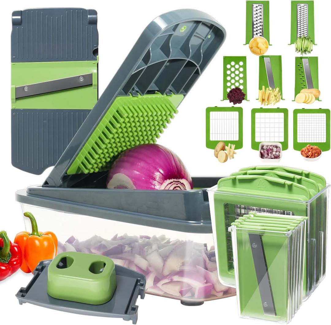 8-in-1 Vegetable Chopper with Container - Veggie Onion Salad Chopper, Mandoline Slicer, French Fry Cutter, Kitchen Gadgets with Cleaning Tools (Gray)