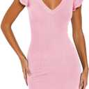 BONITEE Women Sexy Deep V Neck Bodycon Mini Dresses 2026 Summer Ruffle Sleeve Dress Casual Sleeveless Party Short Dresses (Pink, M)