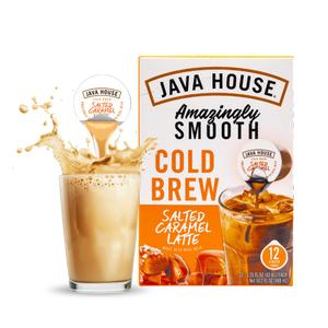 JAVA HOUSE Salted Caramel Latte Cold Brew Coffee Capsules, 1.35 Fluid Ounces (12 Count) Peel and Pour, TSA Approved, Travel Friendly Cold Brew, Hot or Iced (EXP 06/26/26)