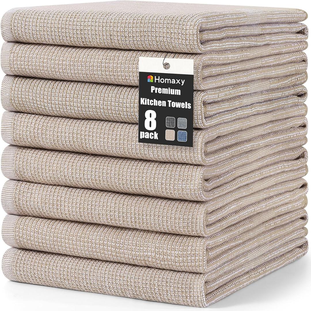 Homaxy Premium Kitchen Towels(18x 28, 8 Pack), Large Cotton Kitchen Hand Towels, Flat and Terry Dish Towels, 380 GSM Highly Absorbent Tea Towel Set with Hanging Loop, Khaki