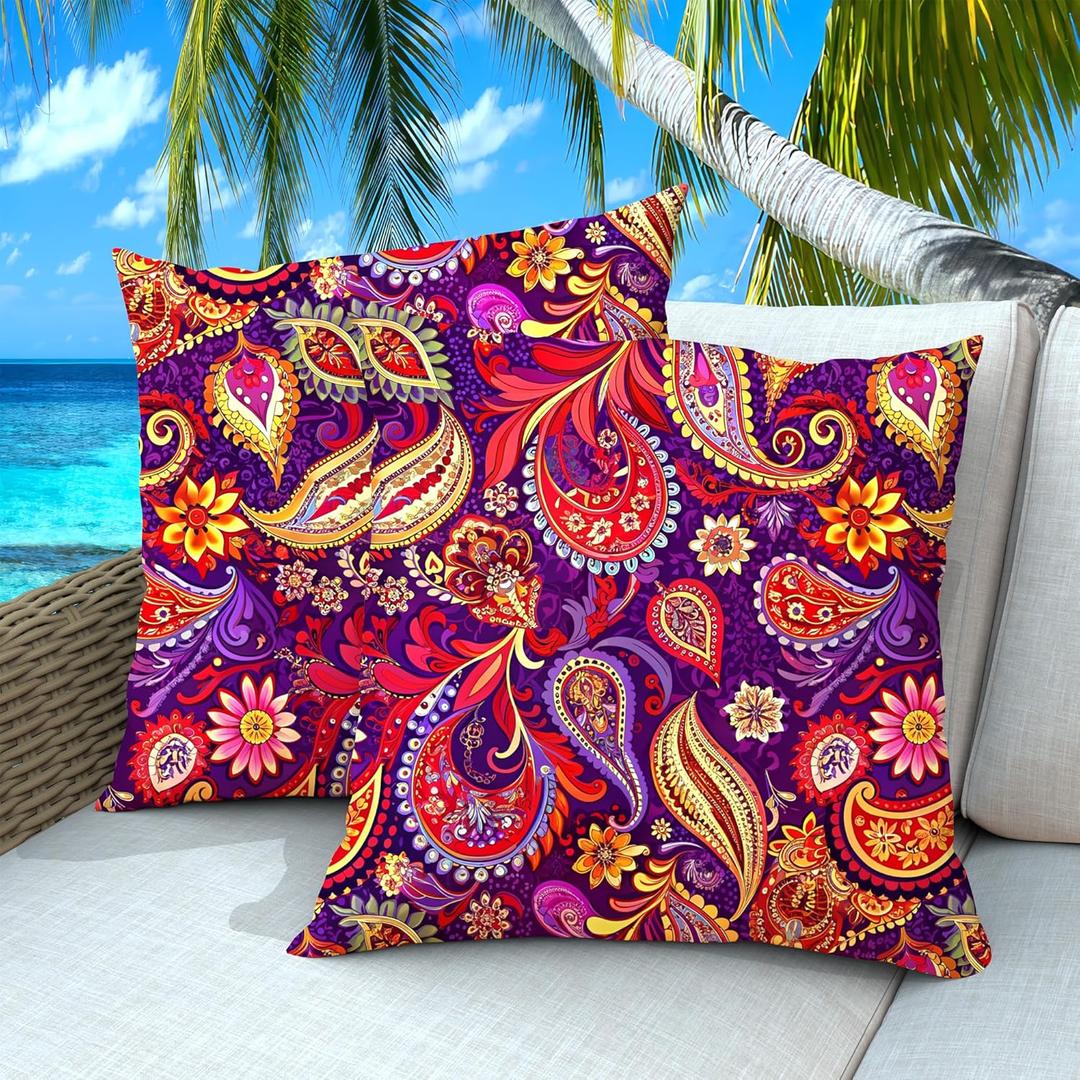 Outdoor Pillows Set of 2, 18''18''Waterproof Throw Pillow for Patio Furniture, Feathers and Down Filled Outside Decorative Pillows Inserts for Garden, Porch Swing, Couch and Sofa (Paisley Floral)