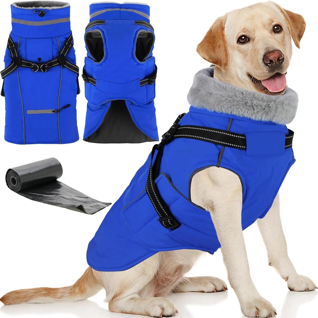 Doglay 2 in 1 Dog Coat with Harness Built-in, Waterproof Dog Winter Jacket with Pocket & Poop Bags, Reflective Adjustable Pet Winter Coat for Small, Medium, Large Dogs - Blue, L