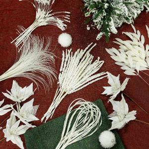 PARTY JOY 54 Pcs White Glitter Artificial Cedar Sprigs Picks Faux Cedar Branches Stems Christmas Tree Picks Sprays for Gold Christmas Tree Wreath Wedding Bouquet Winter Seasonal Holiday Decoration