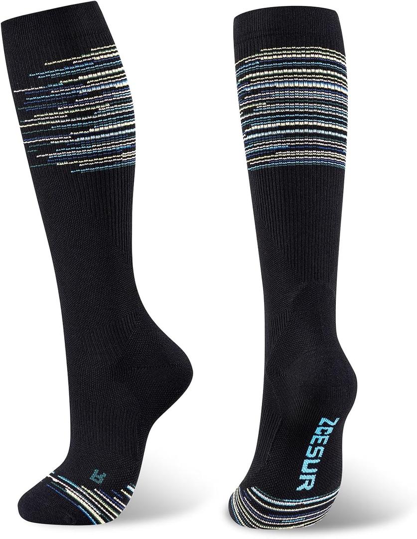 Knee High Compression Socks for Women & Men 20-30mmHg Nurses, Pregnancy, Travel, Running (Small-Medium, Black/Blue/Colorful Stripes)