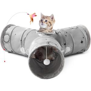 Tempcore Pet Cat Tunnel Tube Cat Toys 3 Way Collapsible, Cat Tunnels for Indoor Cats Fleece-Lined in for WarmthKitty Tunnel Bored Pet Toys Peek Hole Toy Ball Puppy, Kitten, Rabbit Gray Sun