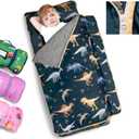 Primlect Toddler Nap Mat Extra Large Thickened 55''x35'', Soft Sleeping Bag with Detachable Minky Blanket and Pillow, Portable for Daycare, Preschool, Kindergarten, Travel, Boys and Girls (Green Dinosaur)