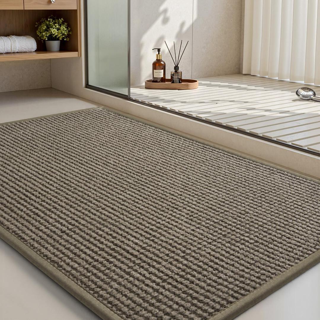 MontVoo Bath Mat-Chenille Absorbent Bathroom Mat Quick Dry-Rubber Backed Bathroom Rugs Non Slip Washable Bath Mats,Ultra Thin Bathroom Rugs Fit Under Door,17"x24",Brown