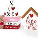 DAZONGE Valentines Day Decorations, Wood Book Stack with XOXO Blocks for Table Shelf Tiered Tray Decor, Freestanding Valentines Day Decor