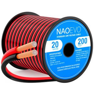 NAOEVO 20 Gauge Wire 200FT, 2 Conductors Electrical Wire Red Black Cable, Flexible/Low Voltage/PVC 20 AWG Copper Clad Aluminum Extension Cord for Speaker, LED Strips, Automotive 12V/24V DC