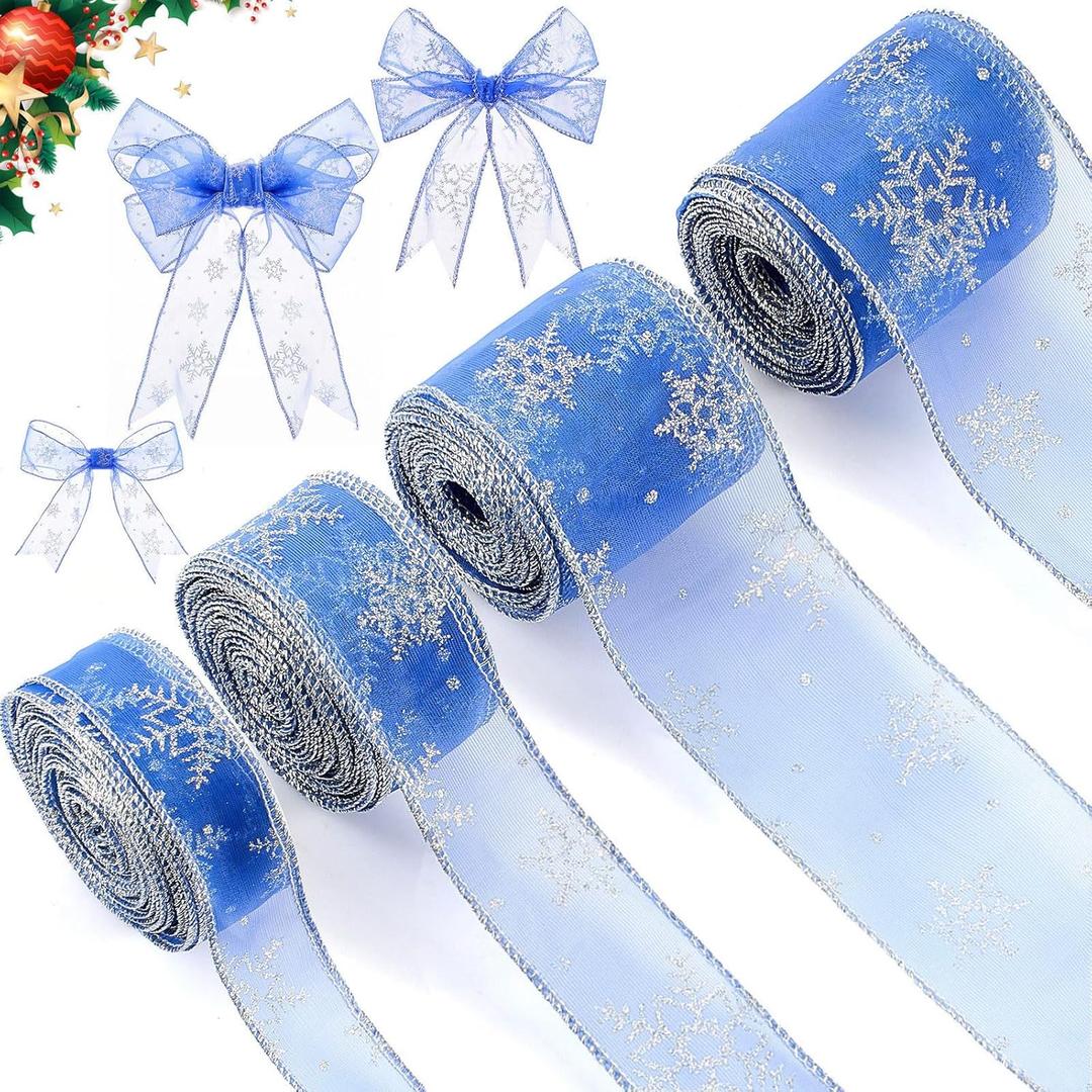 Waydress 4 Rolls 24 Yards Christmas Blue Wired Ribbon 1.0,1.5,2.0,2.5 Inch Snowflake Glitter Wired Organza Sheer Metallic Edge Decorative Wrapping Craft Ribbons for Xmas Tree Home