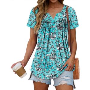 Womens Plus Size Summer Tunic Tops Short Sleeve Henley Shirts Ladies Flowy Casual Blouses for Leggings Blue S