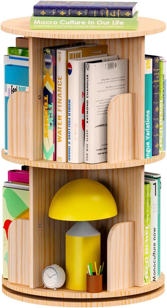 Small Rotating Bookshelf, 2 Tier Revolving Bookcase 360 Display Round Spinning Bookshelf Narrow Swivel Corner Book Shelf Standing Bookcase for Kids Bedroom, Living Room