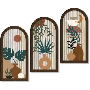 Putuo Decor Boho Wall Art, Abstract Botanical Room Decorations with Leaf & Sun Lines, Modern Minimalist Wooden Wall Decor 16x8 In Mid Century Artwork for Living Room Bedroom Office Set of 3