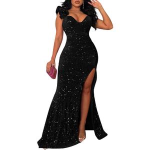 Women Sexy Elegant Sequin High Split Ruffled Hem Mermaid Party Cocktail Bodycon Formal Evening Gowns Maxi Dress (Small, Black-1)