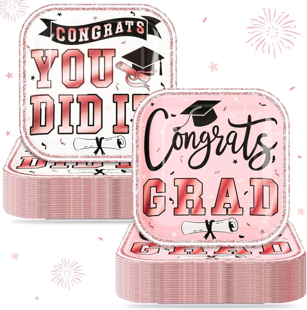 FoldTier 100 Pcs 2026 Graduation Party Dessert Plates Bulk 7 x 7 Inch Congrats Grad Paper Disposable Square Dessert Dinner Plates for Graduation Cocktail Supplies Party Decor (Square,Pink)
