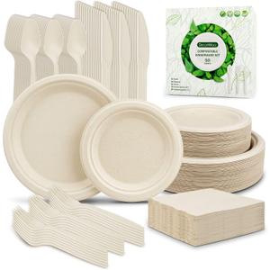 300Pcs Compostable Paper Plates Set, Eco-friendly Heavy Duty Plates & Biodegradable Utensil Include Forks,Knives,Spoons, Napkins, Disposable Dinnerware Set for Party (Brown) (Brown (Natural Unbleached))
