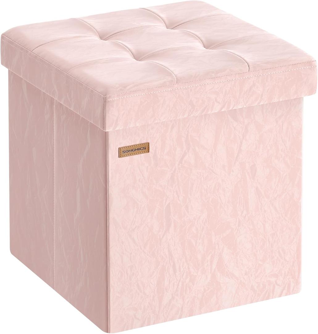 SONGMICS Storage Ottoman, Foldable PU Leather Footrest, 15 x 15 x 15 Inch