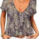 Tie Dye V-Neck Shirts Sexy Tops for Women Deep V-Neck Short Sleeve Shirt Summer Vintage Loose Basic Shirts