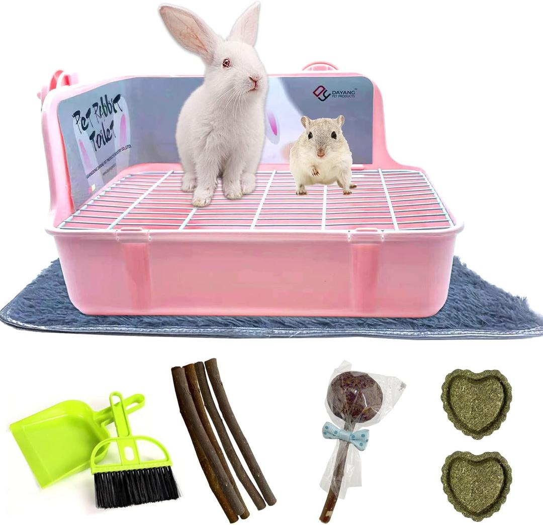 Guinea Pig Litter Box Corner Bunny Toilet Small Animal Potty Training with Dustpan Broom Chew Toys for Chinchilla Ferret Hedgehog Gerbil (10 Pcs) (Pink)