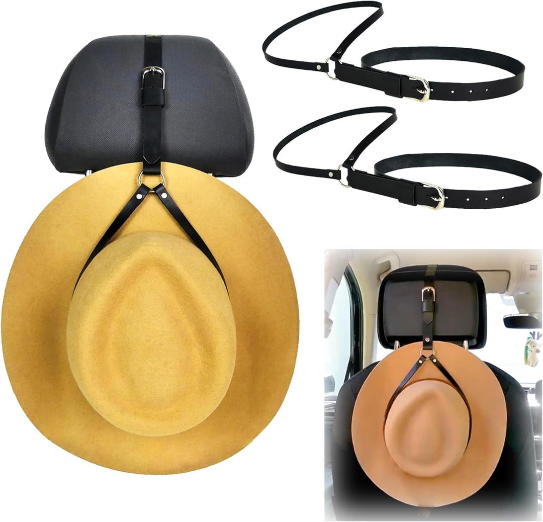 2PCS Leather Hat Mounts,Cowboy Hat Mounts for Your Vehicle,Hat Holder for Truck Seat Car Accessories Leather Cowboy Hat Hanger for Truck Headrest (Leather - Black)
