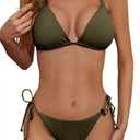 Zuvebamyo Women's Two Piece Bikini Swimsuit Sexy Ribbed Triangle Top Bathing Suits String Cheeky Bikini Sets (Olive Green)