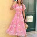 Bebonnie Formal Dresses for Women Wedding Guest: Womens Summer Wrap Neck Floral Beach Vacation Tropical Cruise Travel Hawaiian Vegas Outfits Cocktail Evening Dinner Tea Party Long Dress Multi Pink L