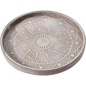 12" Boho Decorative Tray for Home Decor, Round Wood Coffee Table Tray Decor, Rustic Washed Ottoman Tray for Living Room, Small Wooden Carved Circle Serving Tray Centerpiece Dcor