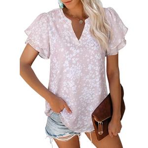 siliteelon Womens Summer Tops V Neck Ruffle Short Sleeve Dressy Casual Business Work Blouses Cute Flowy Chiffon Office Shirt Large