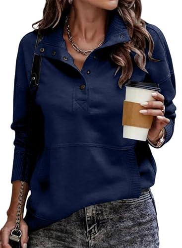 SHEWIN Womens Sweatshirt Casual Long Sleeve Lightweight Sweatshirts Loose Button V Neck Pullover Tops Fall Clothes for Women 2025,US 4-6(S),Navy Blue