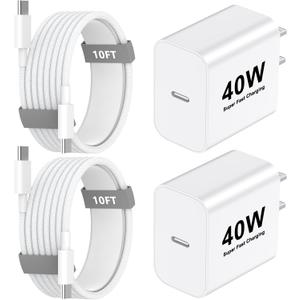 iPhone 17 Pro Max Charger Fast Charging,2Pack 40W USB C Fast Wall Charger Block with 10ft Type C to C Charging Woven Cord for iPhone 17/Air/17 Pro/17 Pro Max/16/16 Pro/16 Pro Max/16 Plus/15/15 Pro Max (White)