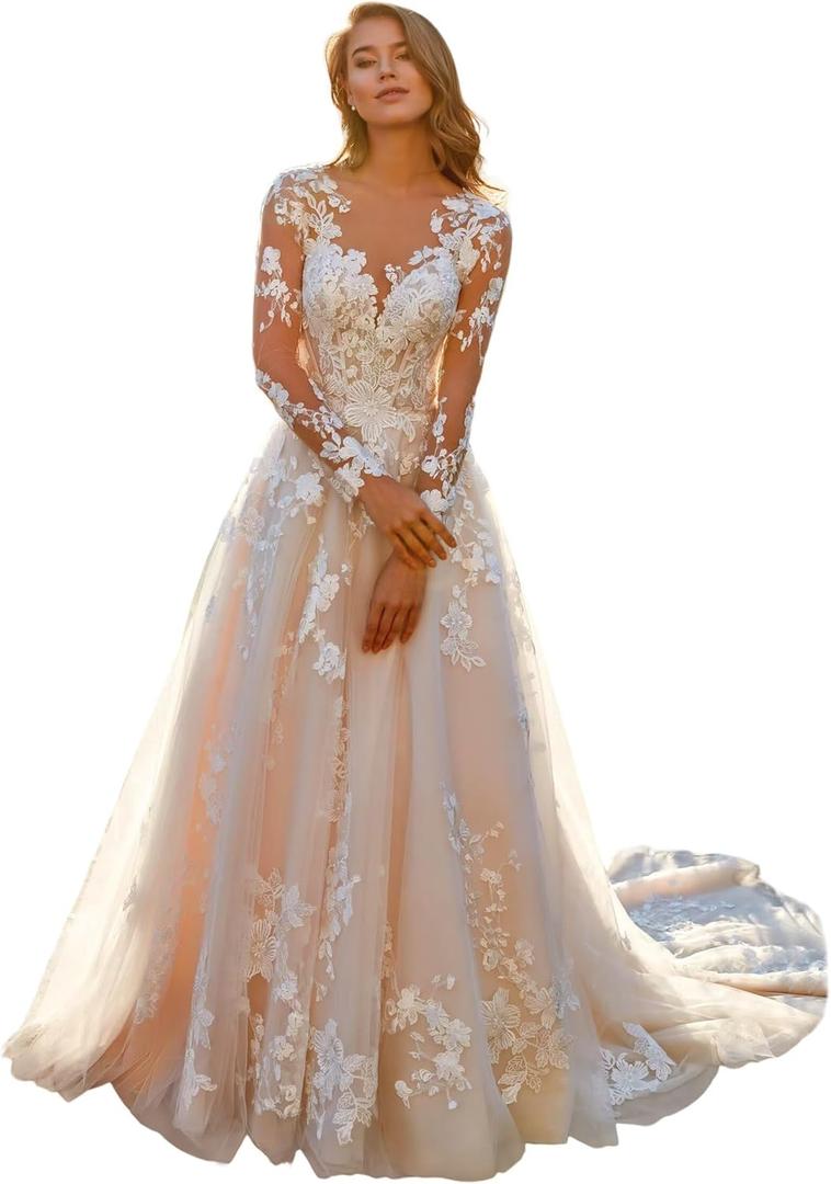 Miao Duo Women's Plus Size Ivory Lace Tulle Appliqued Long Sleeves Wedding Dress for Women Ivory Bridal Gowns 2025 18W